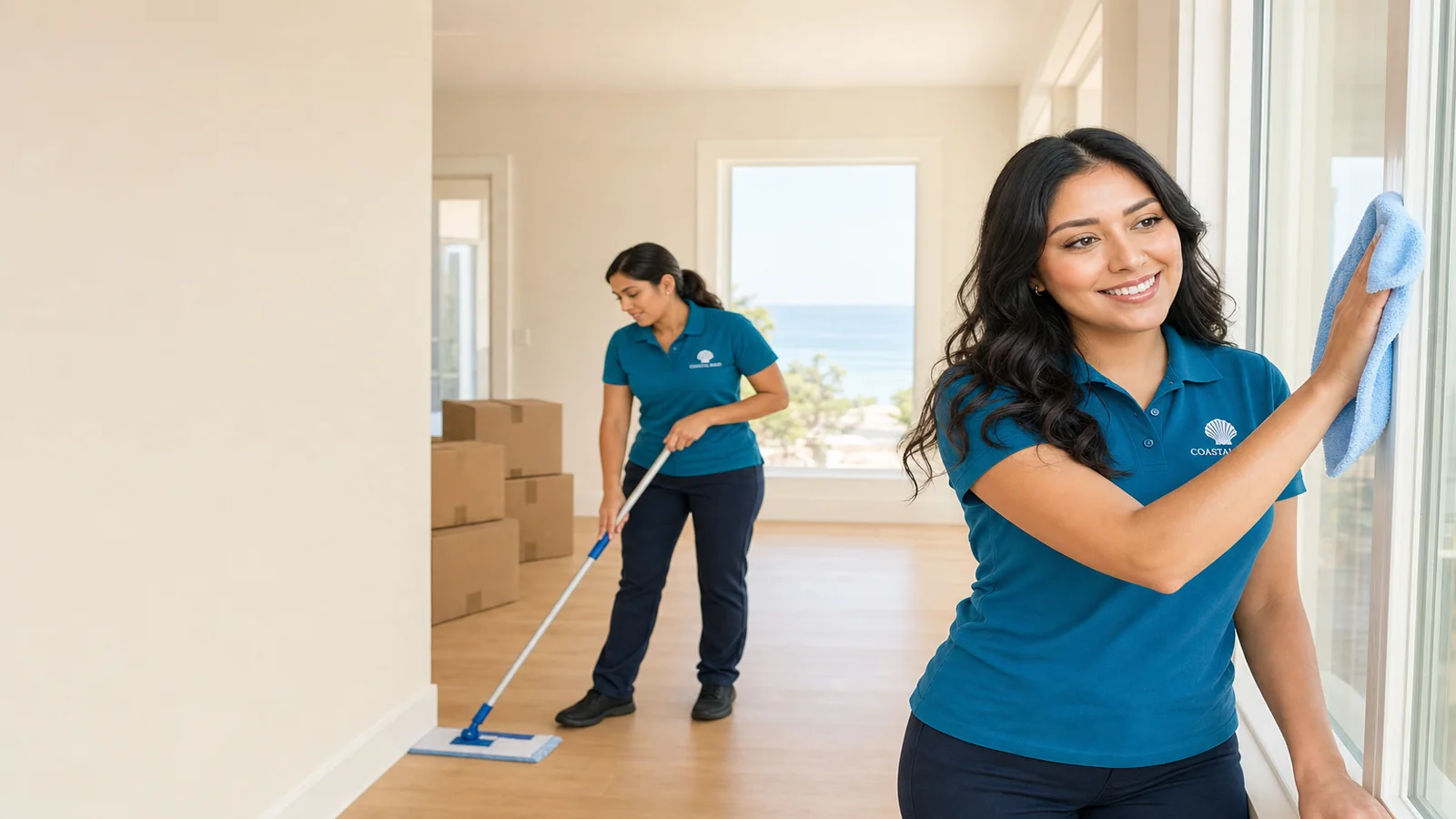 Coastal Maid cleaning services team cleaning an empty San Diego home with moving boxes