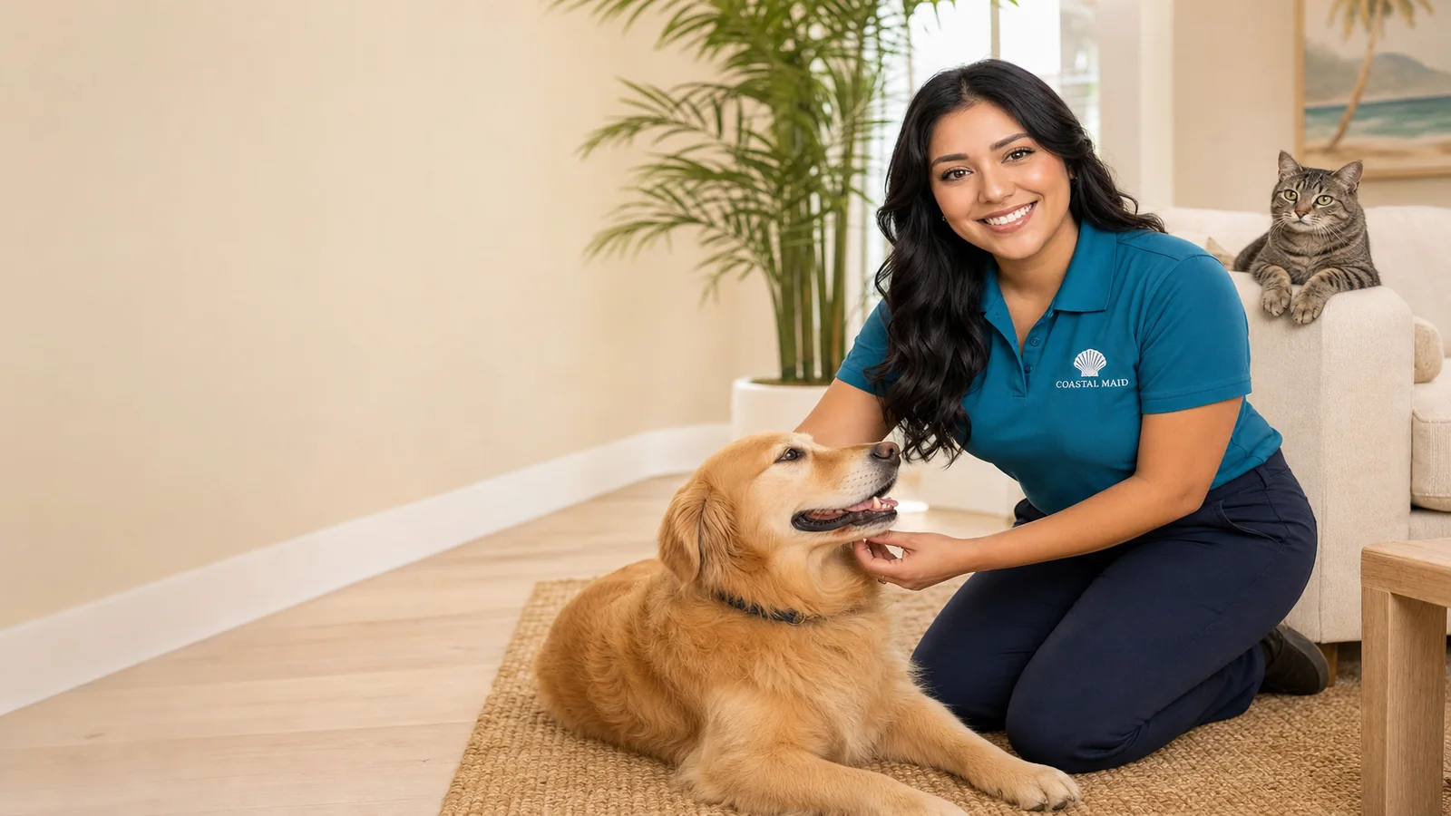 Coastal Maid cleaning services professional petting a golden retriever in a clean San Diego living room
