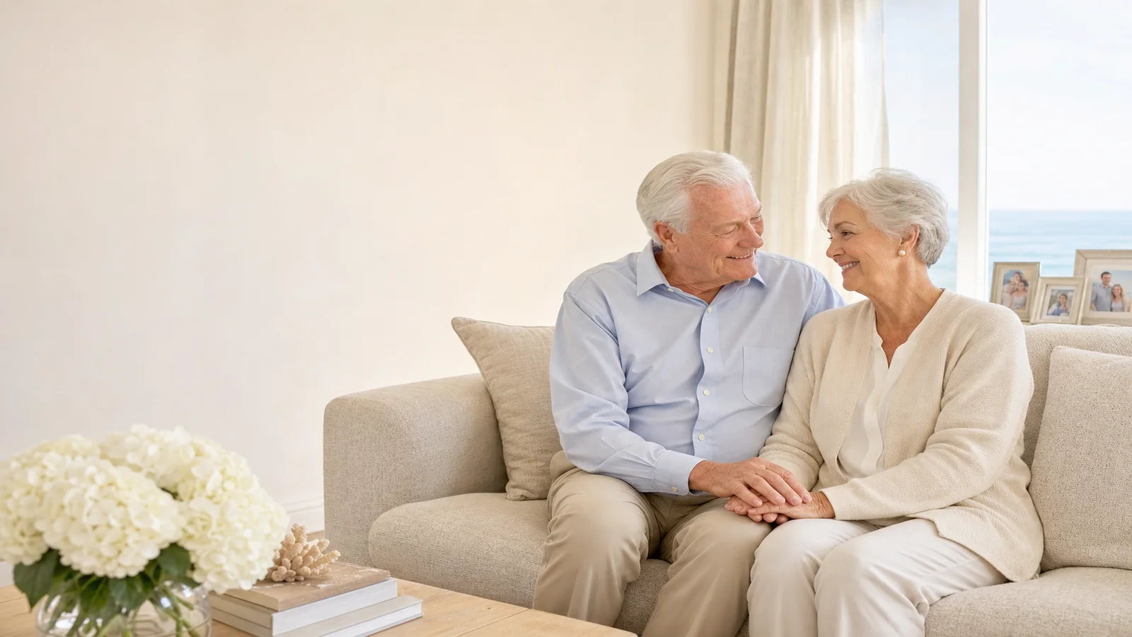 Elderly couple relaxing in their spotless San Diego living room after senior house cleaning services