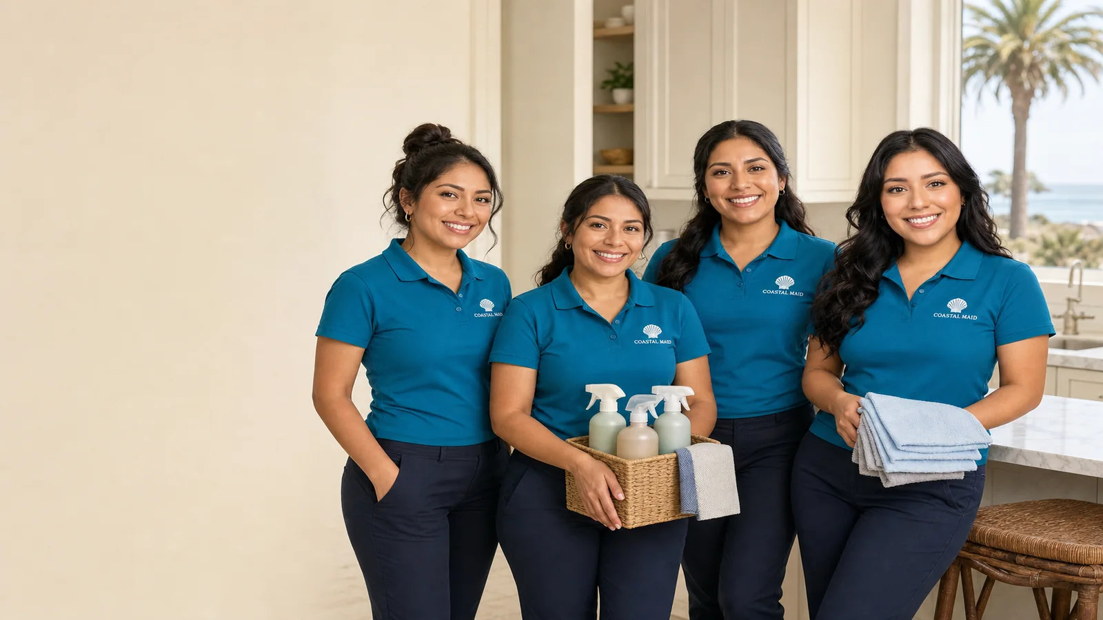 The Coastal Maid San Diego team of Latina cleaning professionals in a bright San Diego kitchen