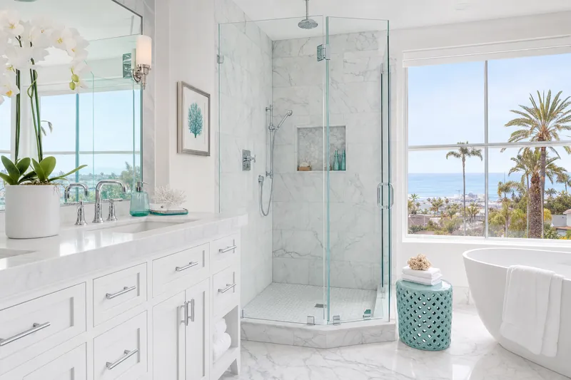 Deep cleaning services San Diego - sparkling La Jolla marble bathroom cleaned by Coastal Maid San Diego