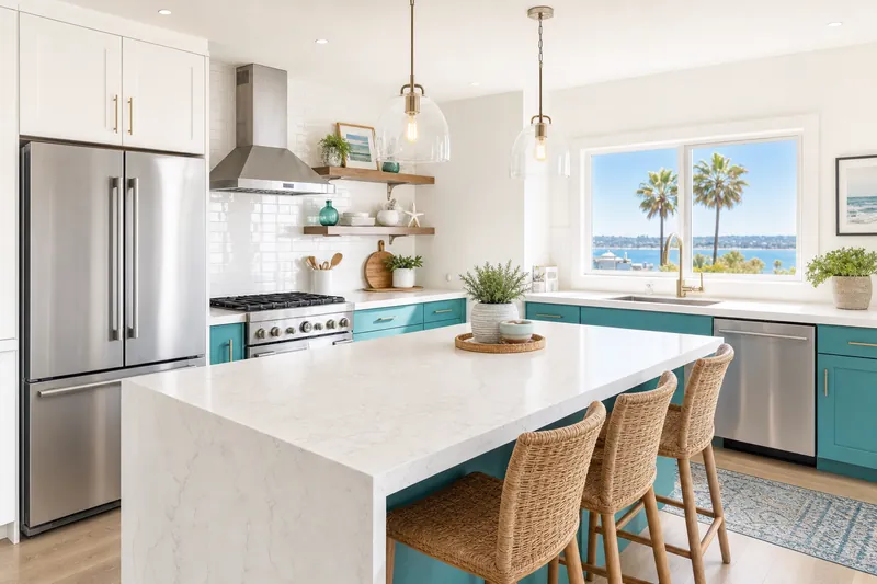 Spotless coastal San Diego kitchen with gleaming white countertops cleaned by Coastal Maid
