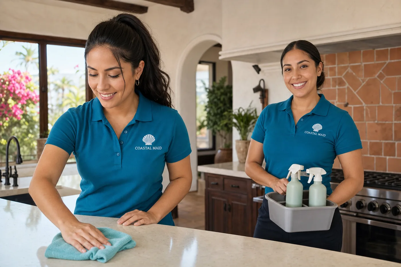 Coastal Maid cleaning services team working in a bright Carlsbad, CA home kitchen