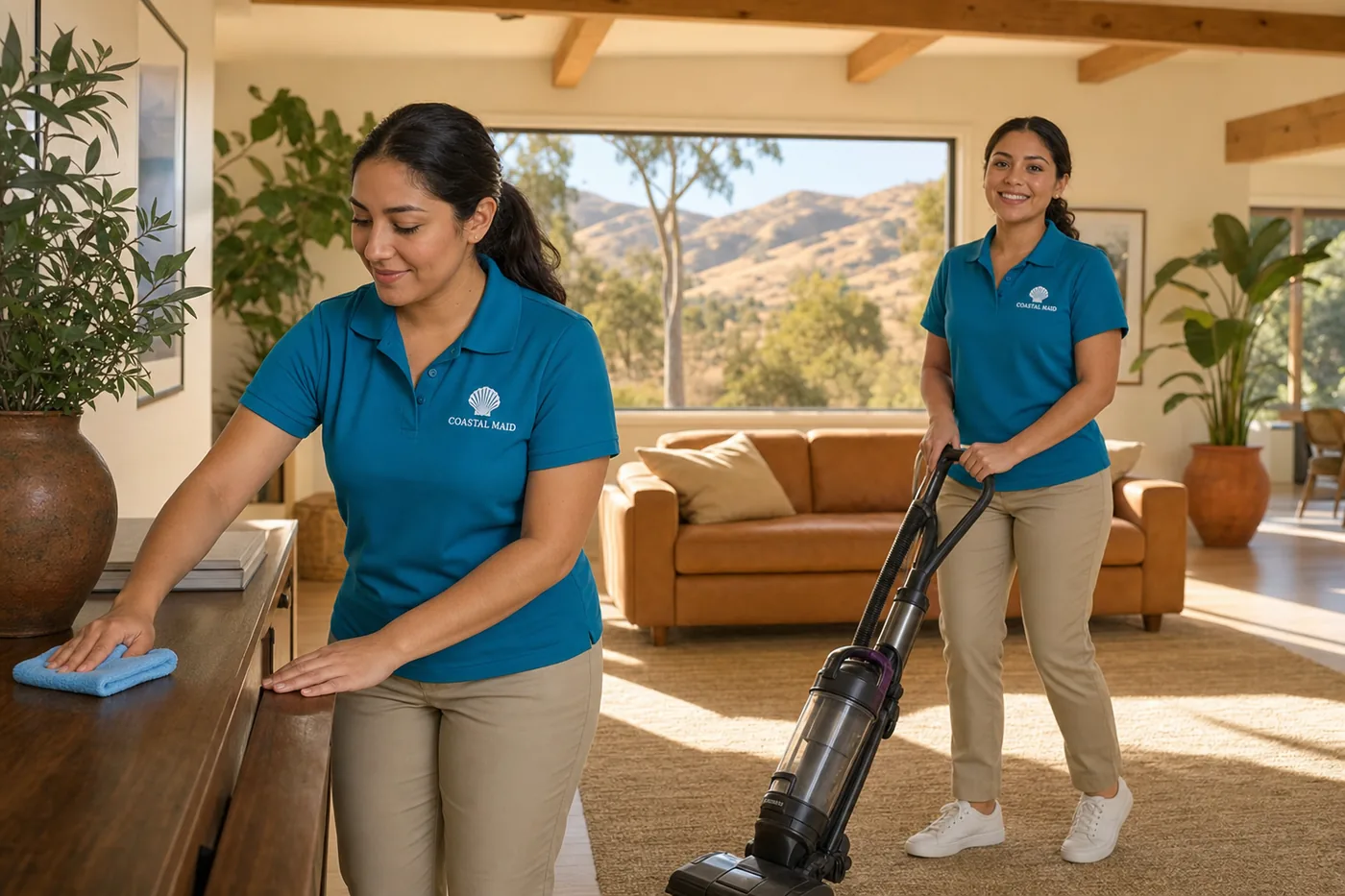 Coastal Maid cleaning services team working in an El Cajon, CA family home living room