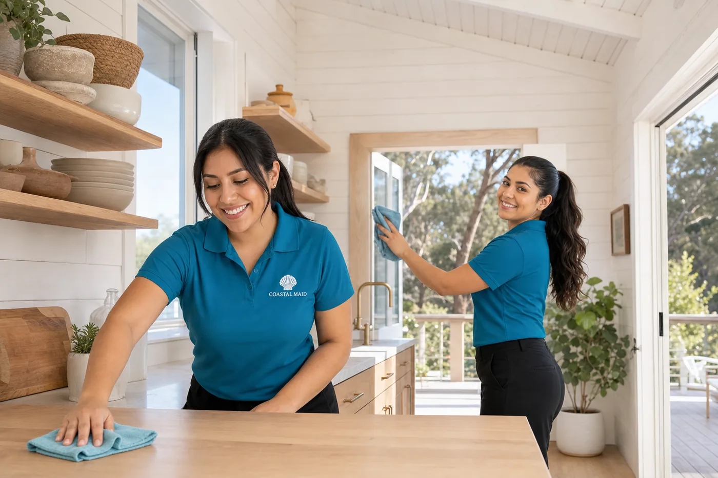 Coastal Maid cleaning services team working in an Encinitas, CA coastal cottage kitchen