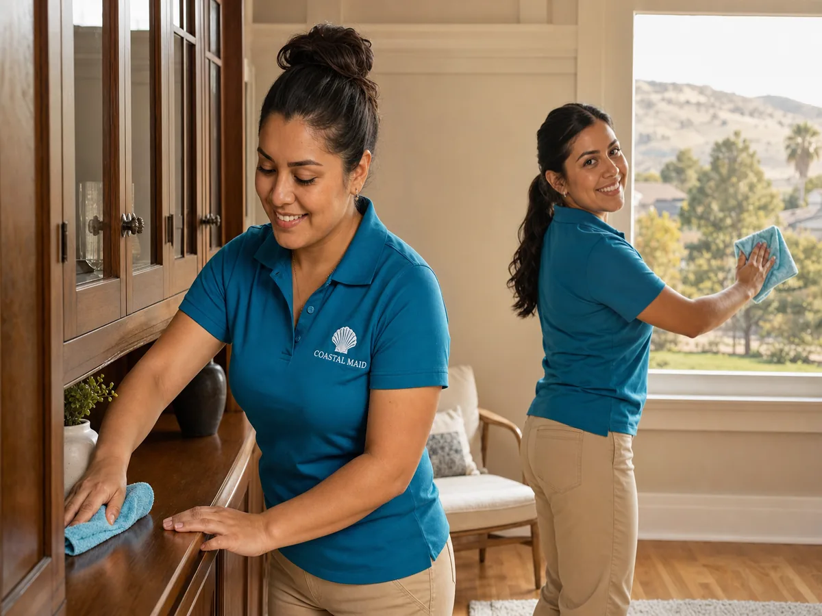 Coastal Maid cleaning services team working in a restored Craftsman living room in Escondido, CA