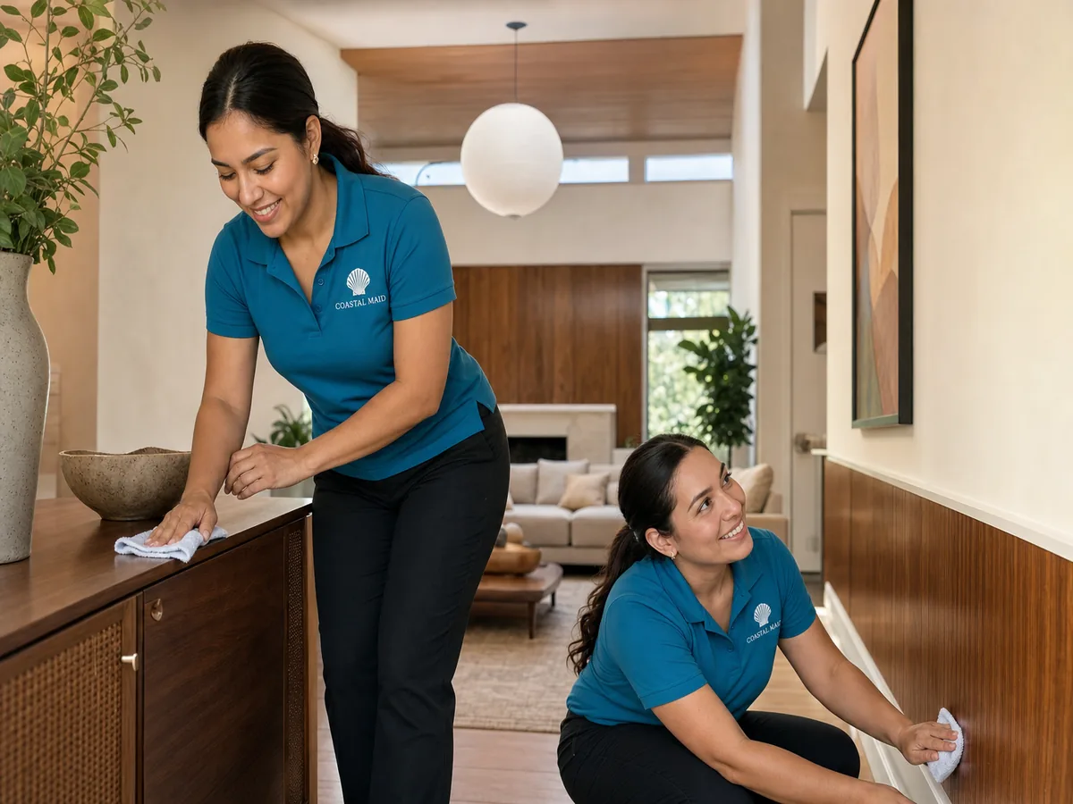Coastal Maid cleaning services team working in an updated mid-century living room in La Mesa, CA