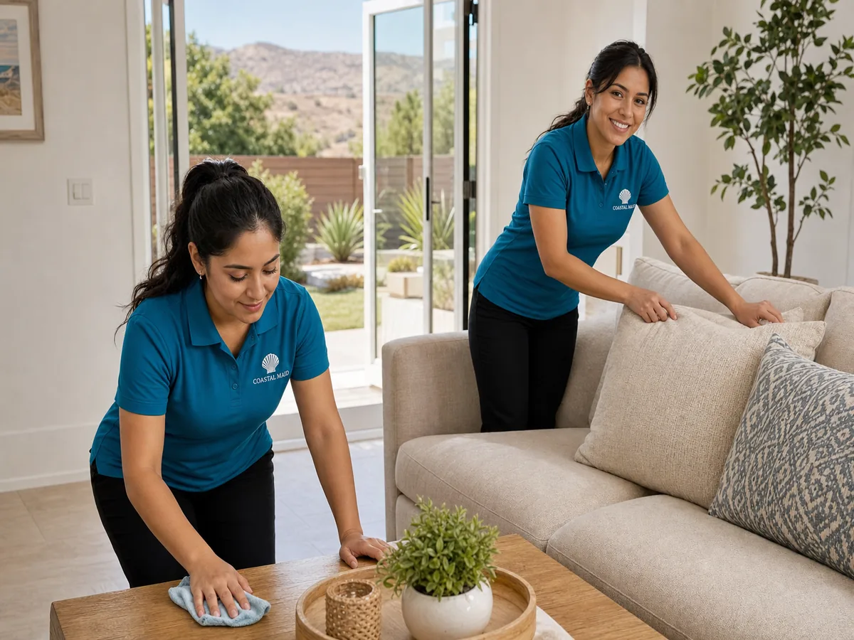 Coastal Maid cleaning services team working in a bright family living room in Santee, CA