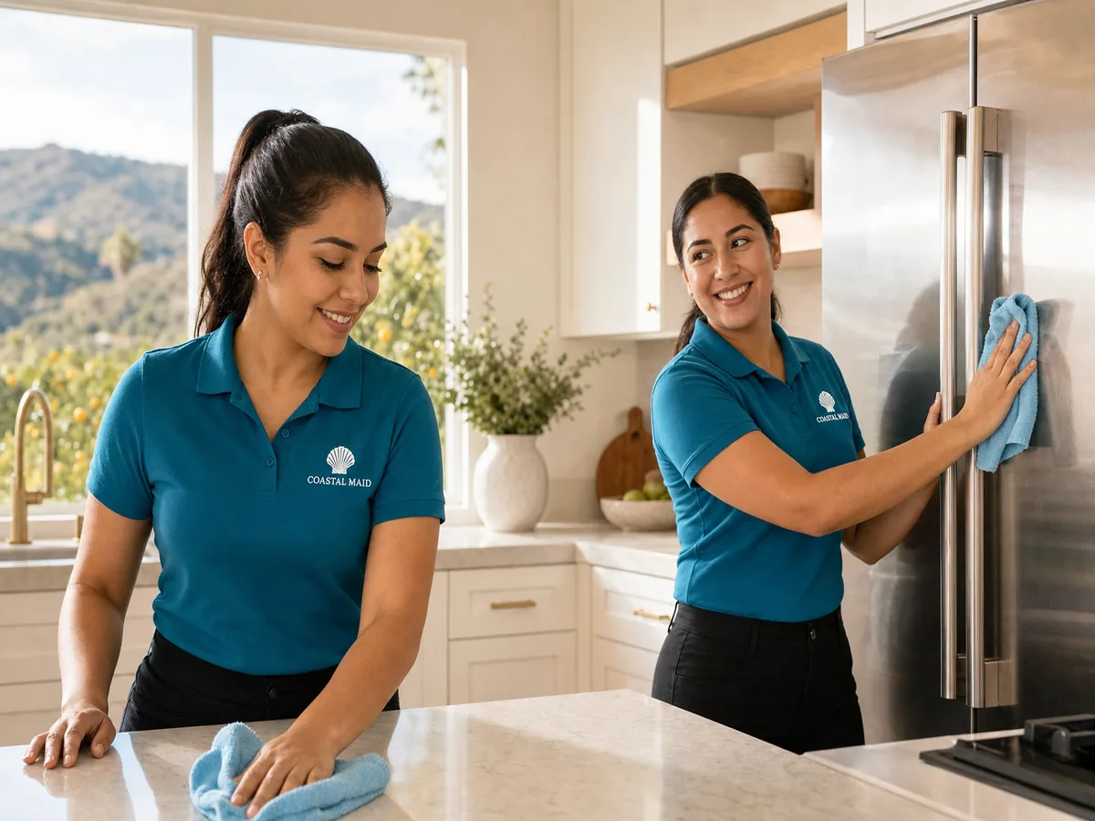 Coastal Maid cleaning services team working in a bright hillside kitchen in Vista, CA