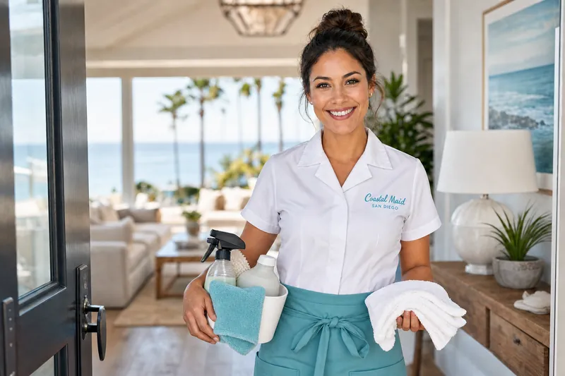 Friendly Coastal Maid cleaner arriving at an upscale San Diego home