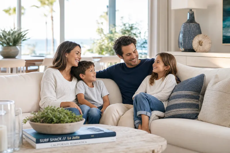 Happy San Diego family relaxing in their freshly cleaned coastal living room